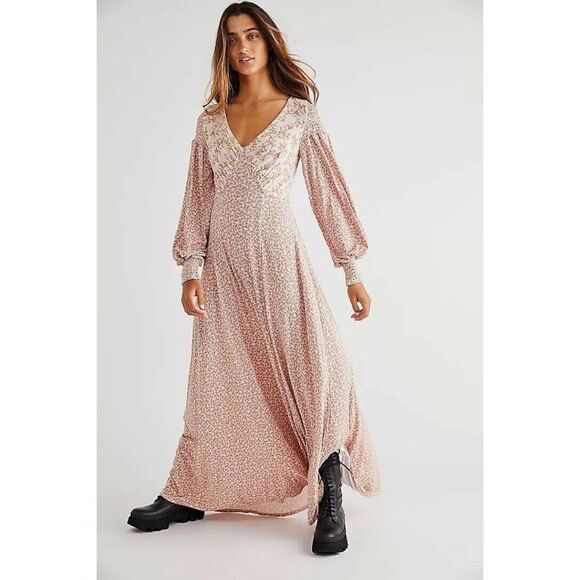 NWT FREE PEOPLE LOVE STORY MAXI DRESS MIXED FLORAL PRINT LONG SLEEVE TEA - Picture 2 of 5